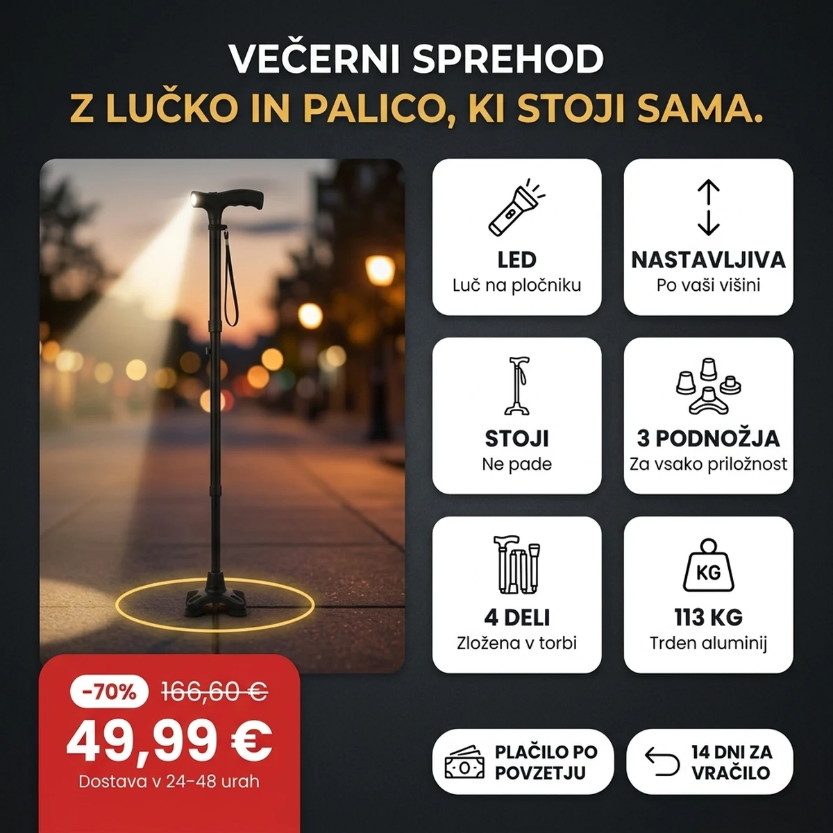 Zložljiva sprehajalna palica s svetlečo LED, na karticah glavnih lastnosti