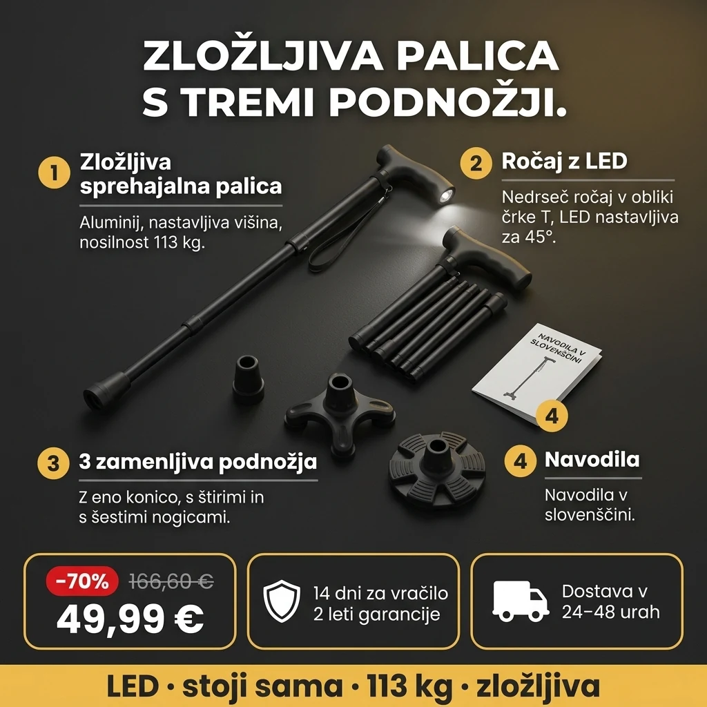 Zložljiva palica z LED – ponudba: zložljiva sprehajalna palica z LED ročajem in 3 podnožji, 49,99 € namesto 166,60 €, plačilo ob prevzemu