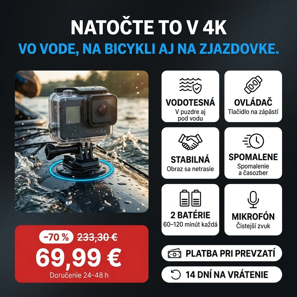 Akčná kamera 4K vo vodotesnom puzdre, na kartách hlavných vlastností