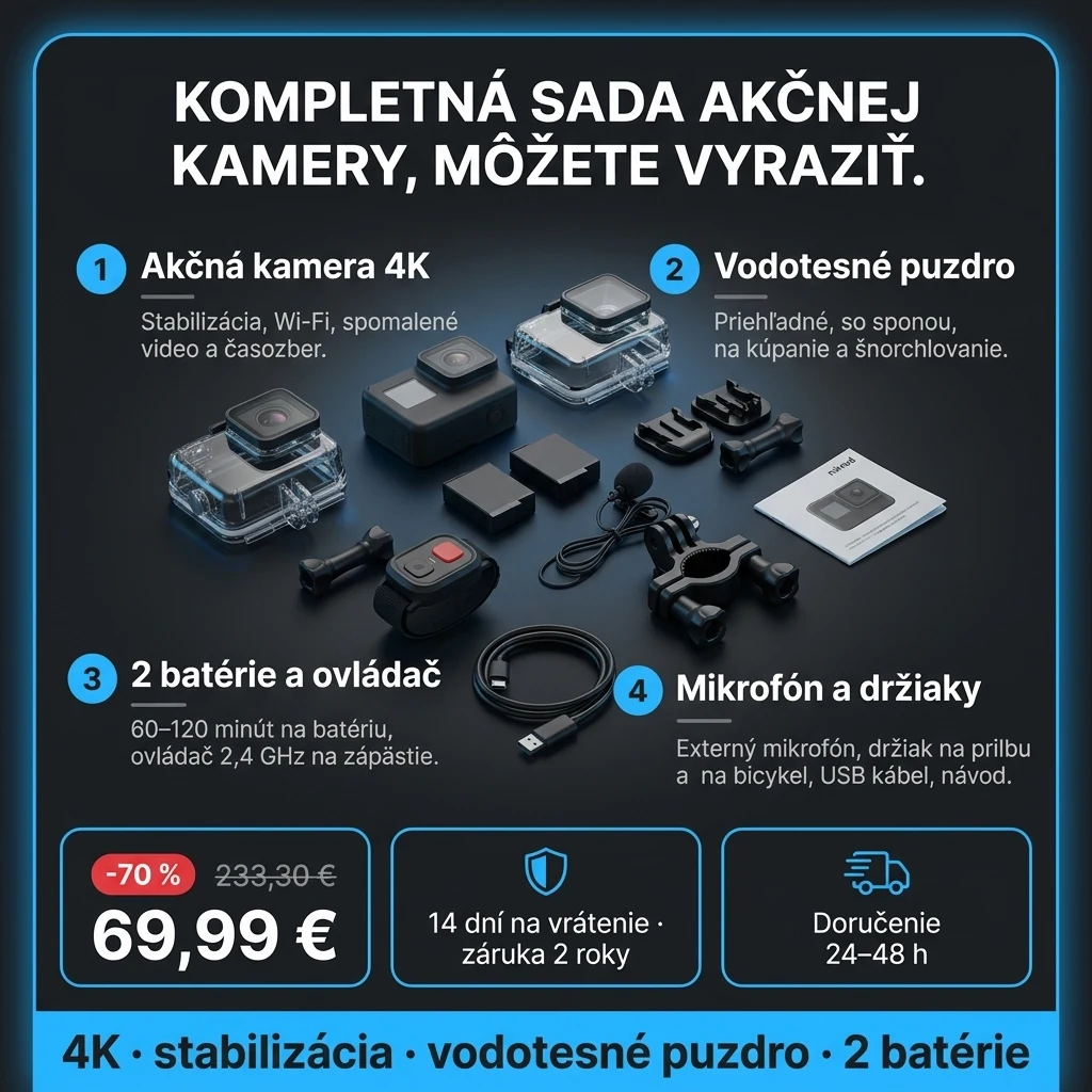 Akčná kamera 4K – ponuka: akčná kamera 4K, vodotesné puzdro, 2 batérie, ovládač a držiaky, 69,99 € namiesto 233,30 €, platba pri prevzatí