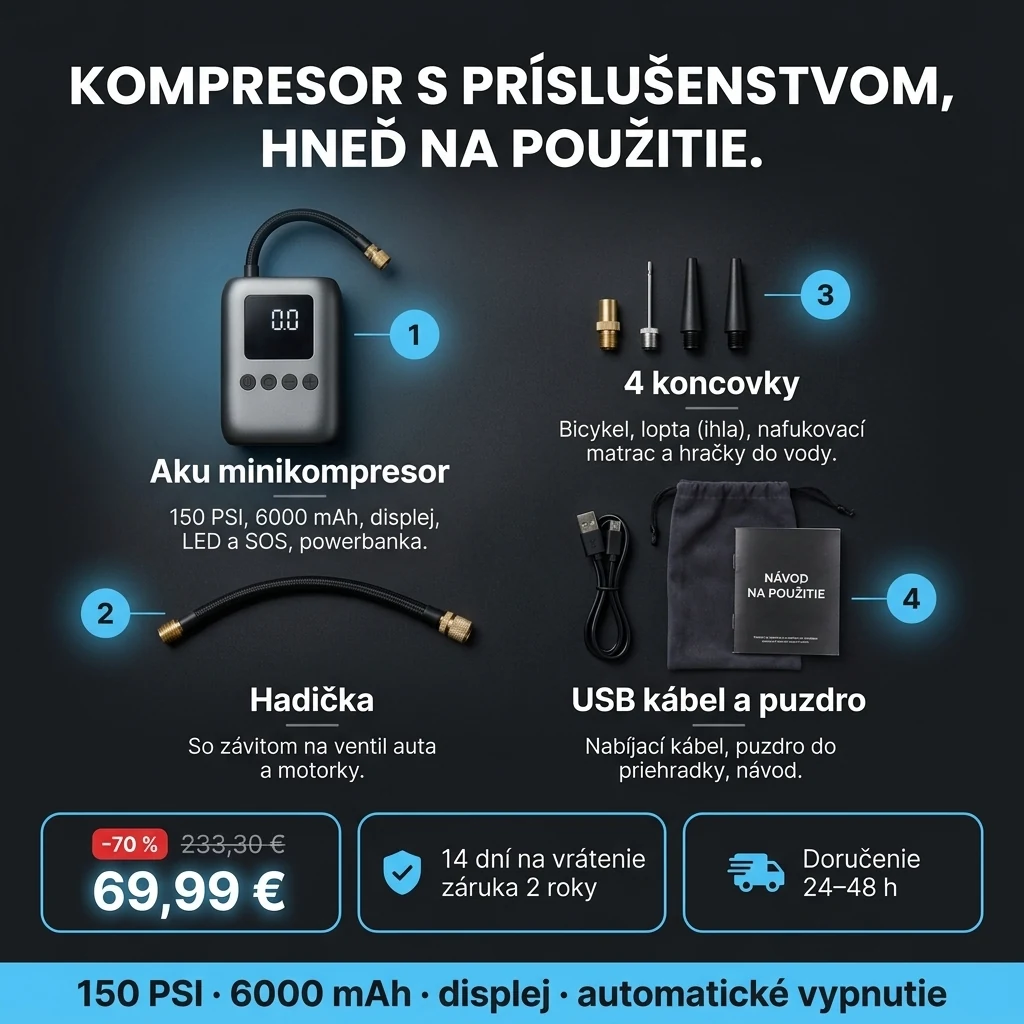 Aku minikompresor – ponuka: aku minikompresor s displejom, hadička a 4 koncovky, 69,99 € namiesto 233,30 €, platba pri prevzatí