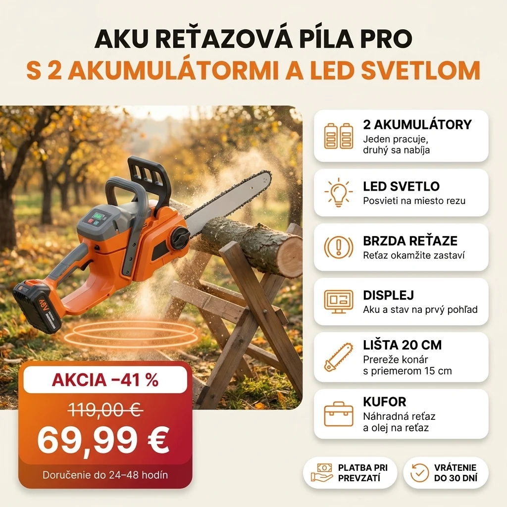 Aku reťazová píla PRO s dvoma akumulátormi, LED svetlom a displejom na kartách hlavných vlastností