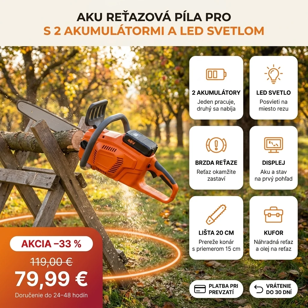 Aku reťazová píla PRO s dvoma akumulátormi, LED svetlom a displejom na kartách hlavných vlastností