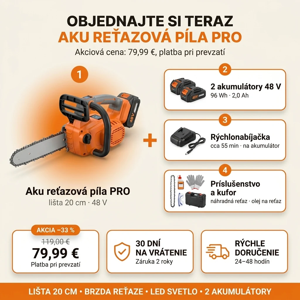 Ponuka Aku reťazová píla PRO: píla, dva akumulátory, rýchlonabíjačka, príslušenstvo a kufor, 79,99 € namiesto 119,00 €, platba pri prevzatí