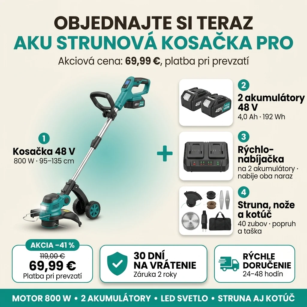 Ponuka Aku strunová kosačka PRO: kosačka 48 V, dva akumulátory, nabíjačka, struna, nože a kotúč, 69,99 € namiesto 119,00 €, platba pri prevzatí