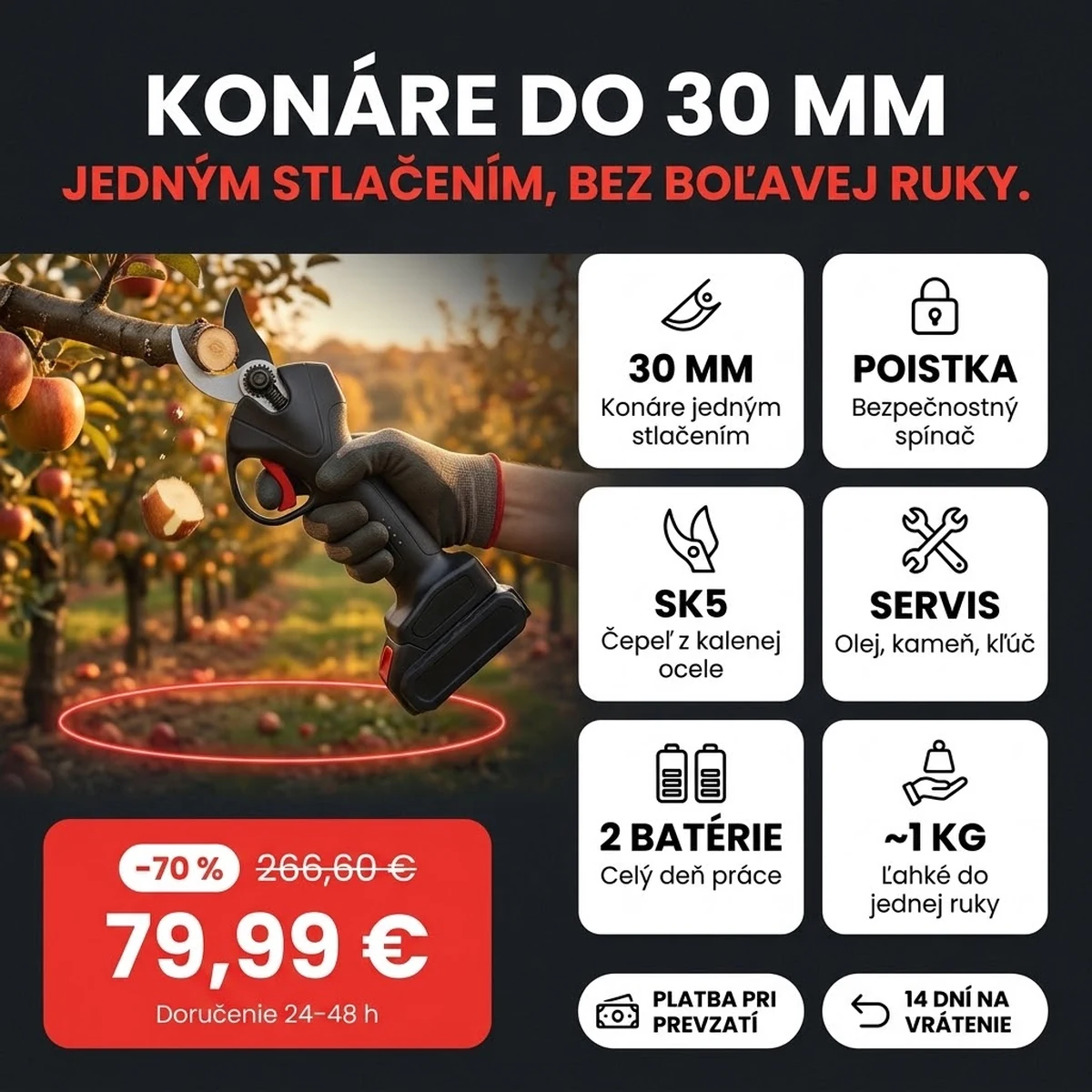 Akumulátorové záhradné nožnice PRO s dvoma batériami a kufrom, hlavné vlastnosti na kartách