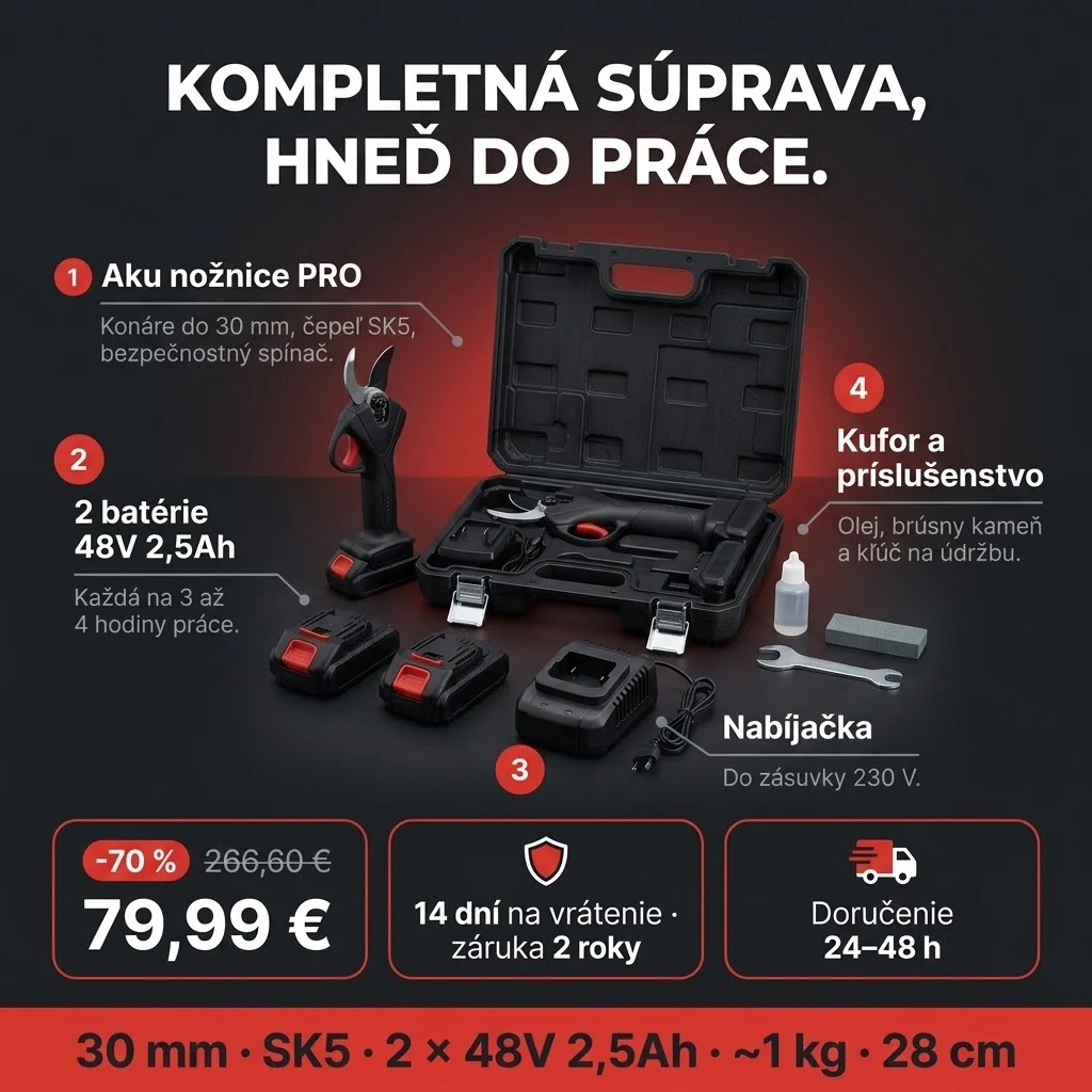Ponuka Aku záhradných nožníc PRO: nožnice, dve batérie, nabíjačka a kufor s príslušenstvom, platba pri prevzatí