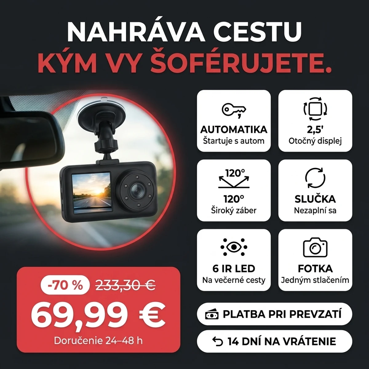 Čierna autokamera s otvoreným displejom, na kartách hlavných vlastností