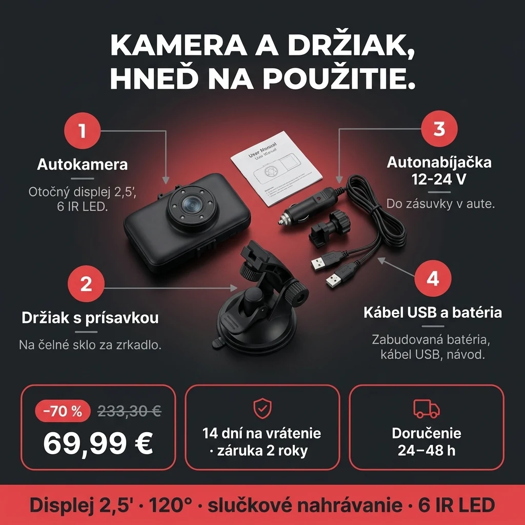 Autokamera s displejom – ponuka: autokamera s displejom 2,5" a držiakom, 69,99 € namiesto 233,30 €, platba pri prevzatí