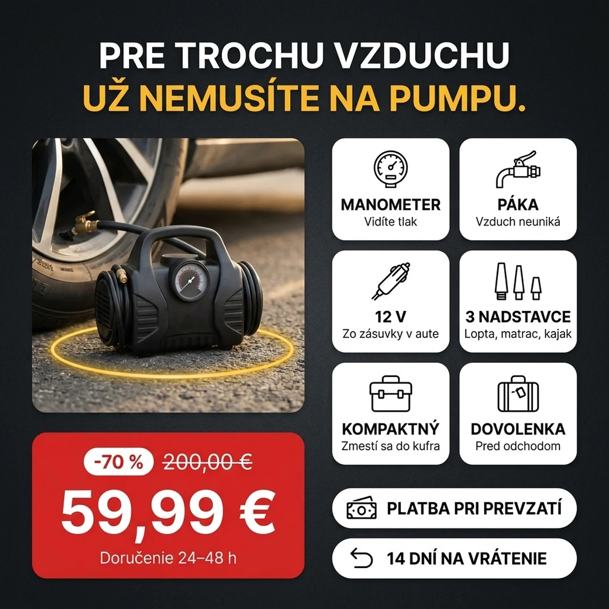 Čierny autokompresor s manometrom a nadstavcami, na kartách hlavných vlastností