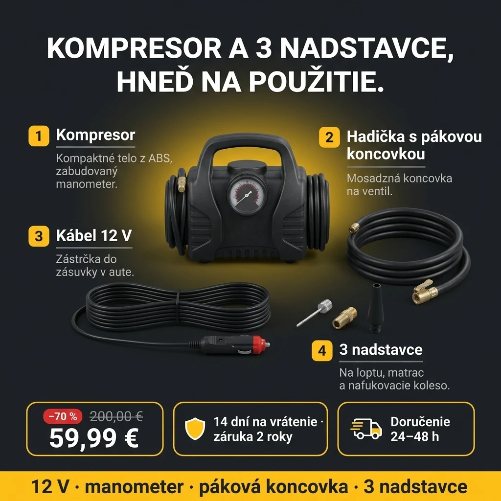 Autokompresor 12 V – ponuka: autokompresor 12 V s manometrom a 3 nadstavcami, 59,99 € namiesto 200,00 €, platba pri prevzatí
