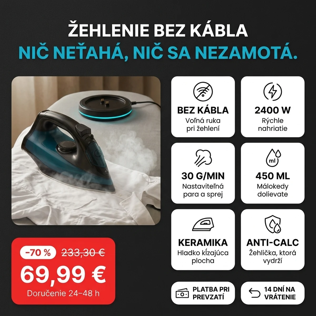 Bezdrôtová naparovacia žehlička na nabíjacej základni, na kartách hlavných vlastností