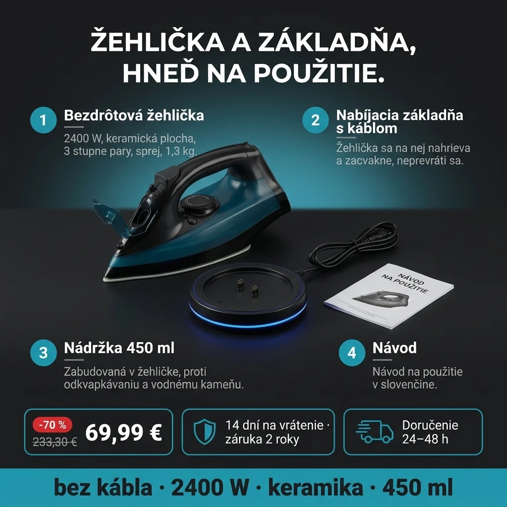Bezdrôtová žehlička – ponuka: bezdrôtová žehlička s keramickou plochou a nabíjacia základňa, 69,99 € namiesto 233,30 €, platba pri prevzatí