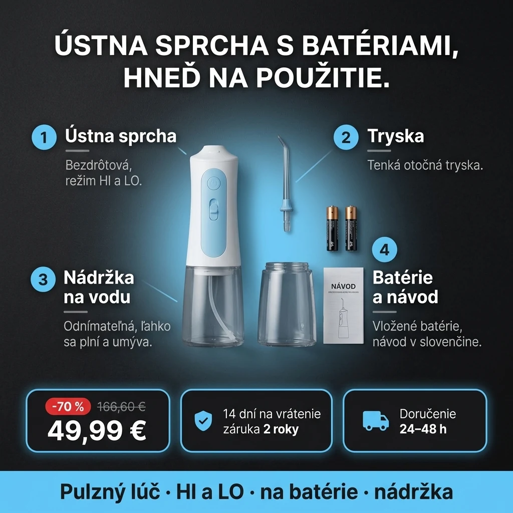 Bezdrôtová ústna sprcha – ponuka: bezdrôtová ústna sprcha na batérie s odnímateľnou nádržkou, 49,99 € namiesto 166,60 €, platba pri prevzatí