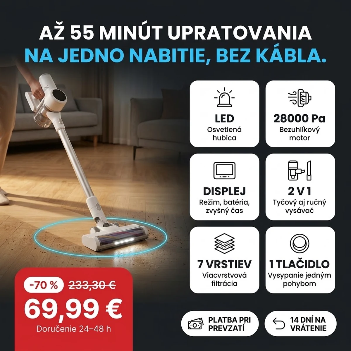 Bezdrôtový tyčový vysávač s LED hubicou a displejom, na kartách hlavných vlastností