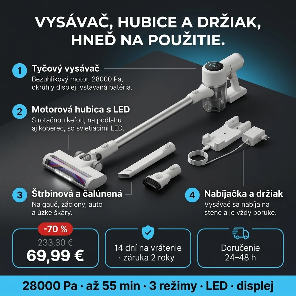 Tyčový vysávač LED – ponuka: tyčový vysávač, LED hubica, štrbinová hubica, hubica na čalúnenie, nabíjačka a držiak, 69,99 € namiesto 233,30 €, platba pri prevzatí