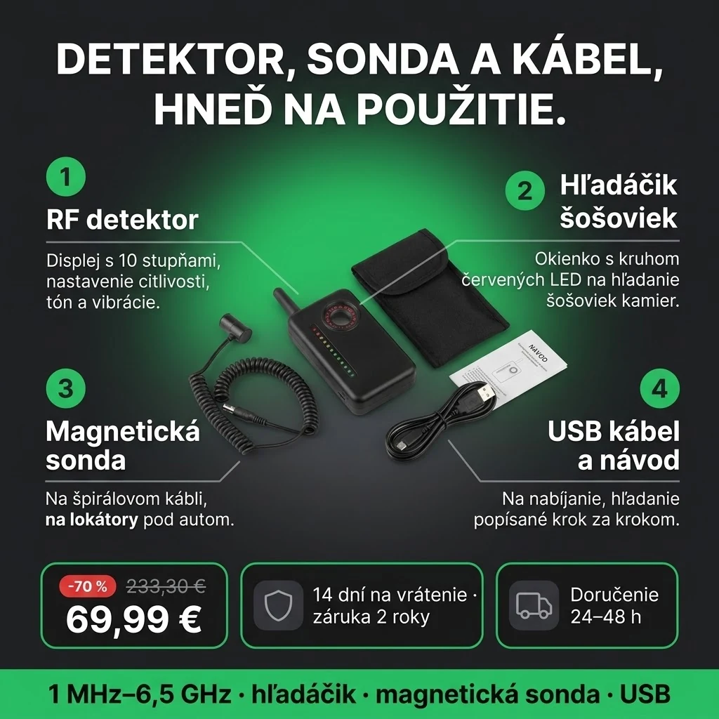 Detektor odpočúvania PRO – ponuka: RF detektor s hľadáčikom šošoviek, magnetická sonda a USB kábel, 69,99 € namiesto 233,30 €, platba pri prevzatí