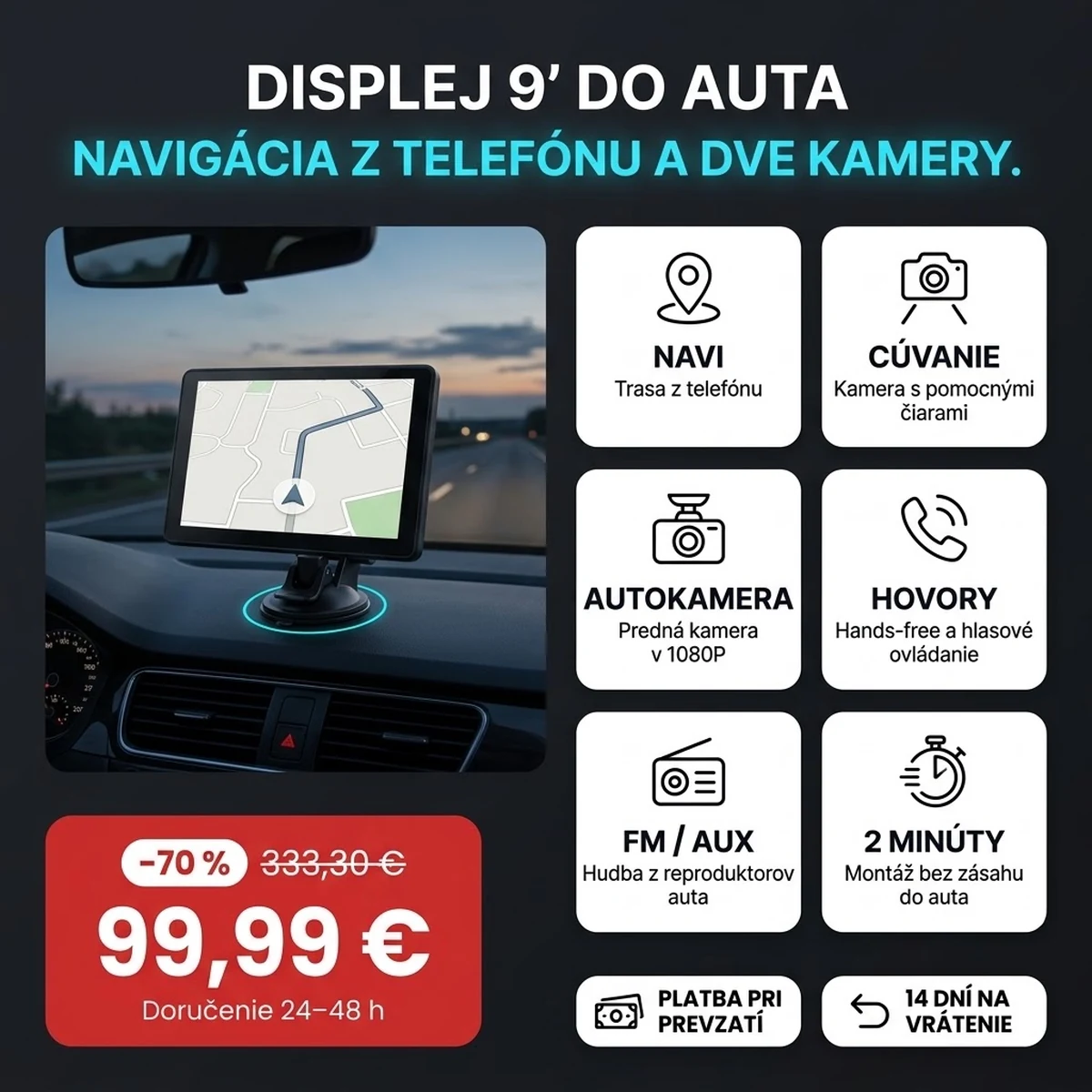 Displej do auta PRO na palubnej doske, vedľa cúvacia kamera, na kartách hlavných vlastností