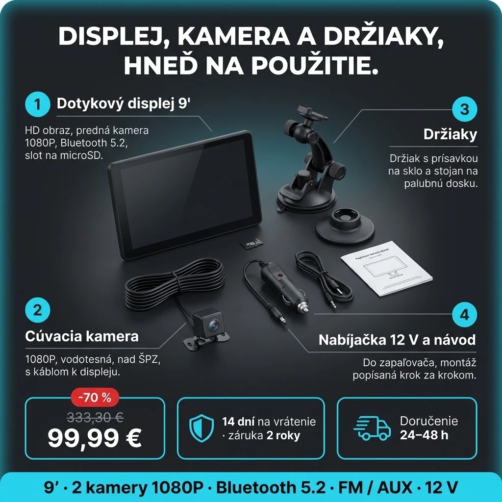Displej do auta PRO – ponuka: displej 9", cúvacia kamera, držiaky a nabíjačka 12 V, 99,99 € namiesto 333,30 €, platba pri prevzatí
