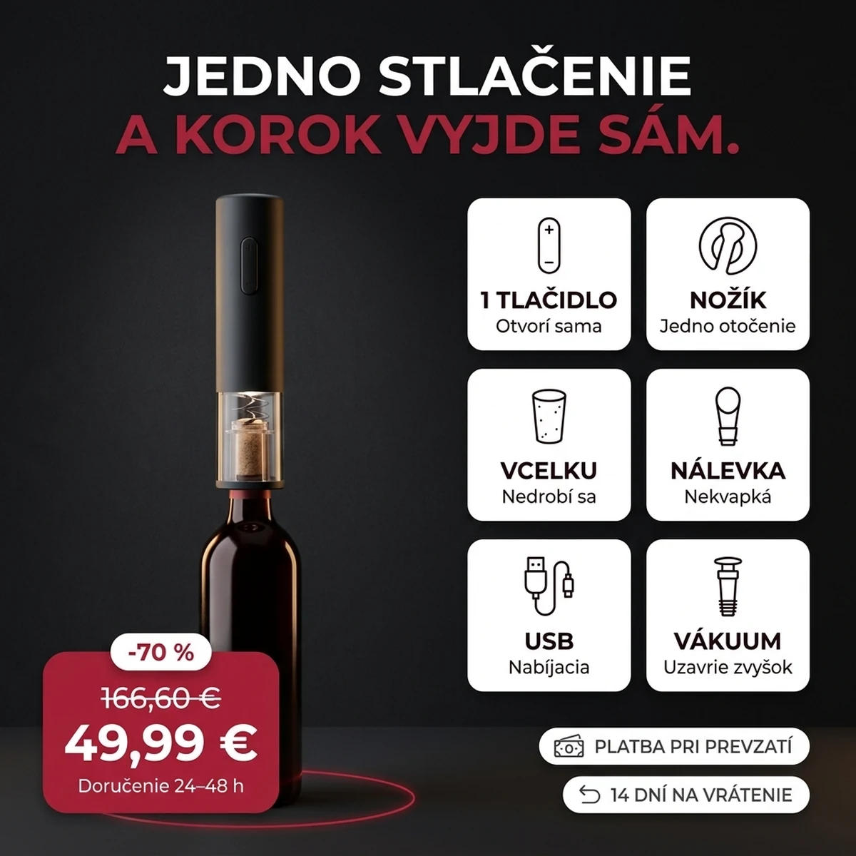 Čierna elektrická vývrtka v sade: vývrtka, nožík, nálevka, vákuová zátka, na kartách hlavných vlastností