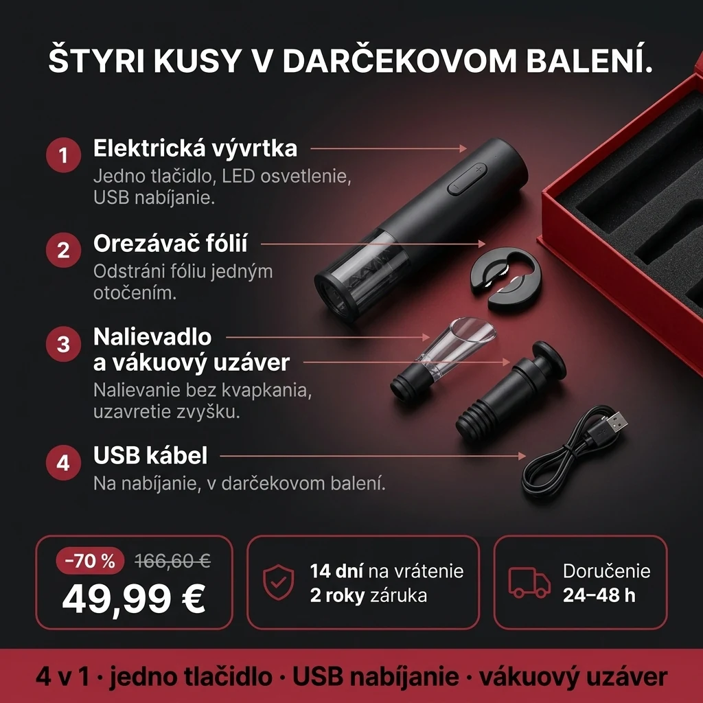 Elektrická vývrtka – ponuka: elektrická vývrtka v sade 4 v 1 v darčekovej krabičke, 49,99 € namiesto 166,60 €, platba pri prevzatí