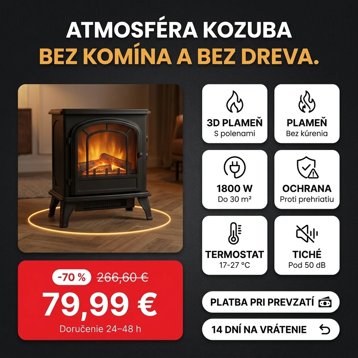 Čierne elektrické krbové kachle s horiacim 3D plameňom, na kartách hlavných vlastností