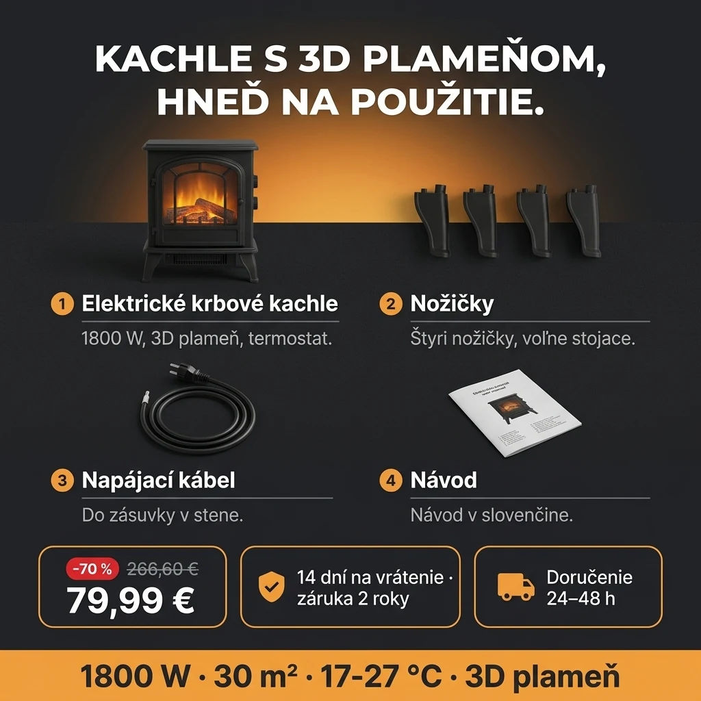 Elektrické krbové kachle – ponuka: elektrické krbové kachle s 3D plameňom a termostatom, 79,99 € namiesto 266,60 €, platba pri prevzatí