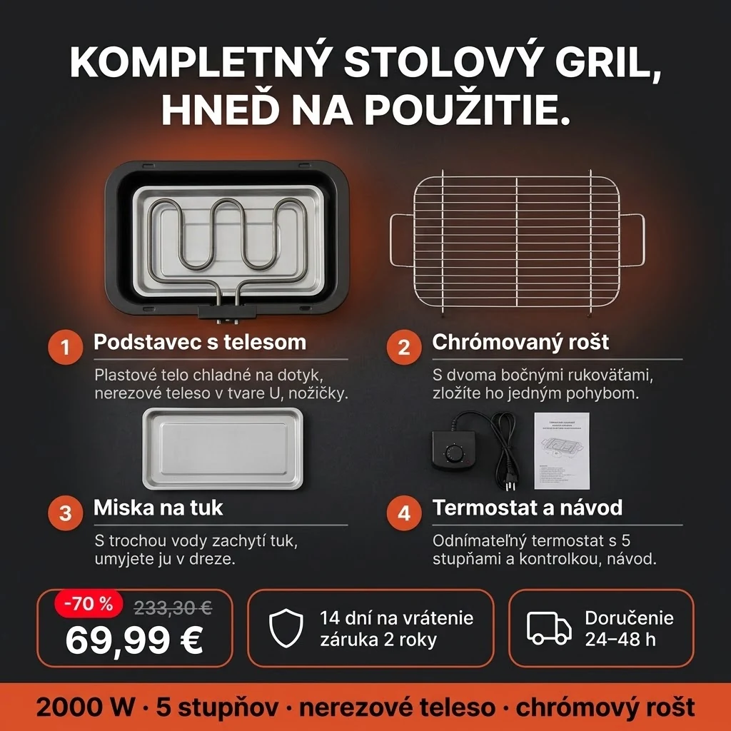 Elektrický gril PRO – ponuka: podstavec s telesom, chrómovaný rošt, miska na tuk a termostat, 69,99 € namiesto 233,30 €, platba pri prevzatí
