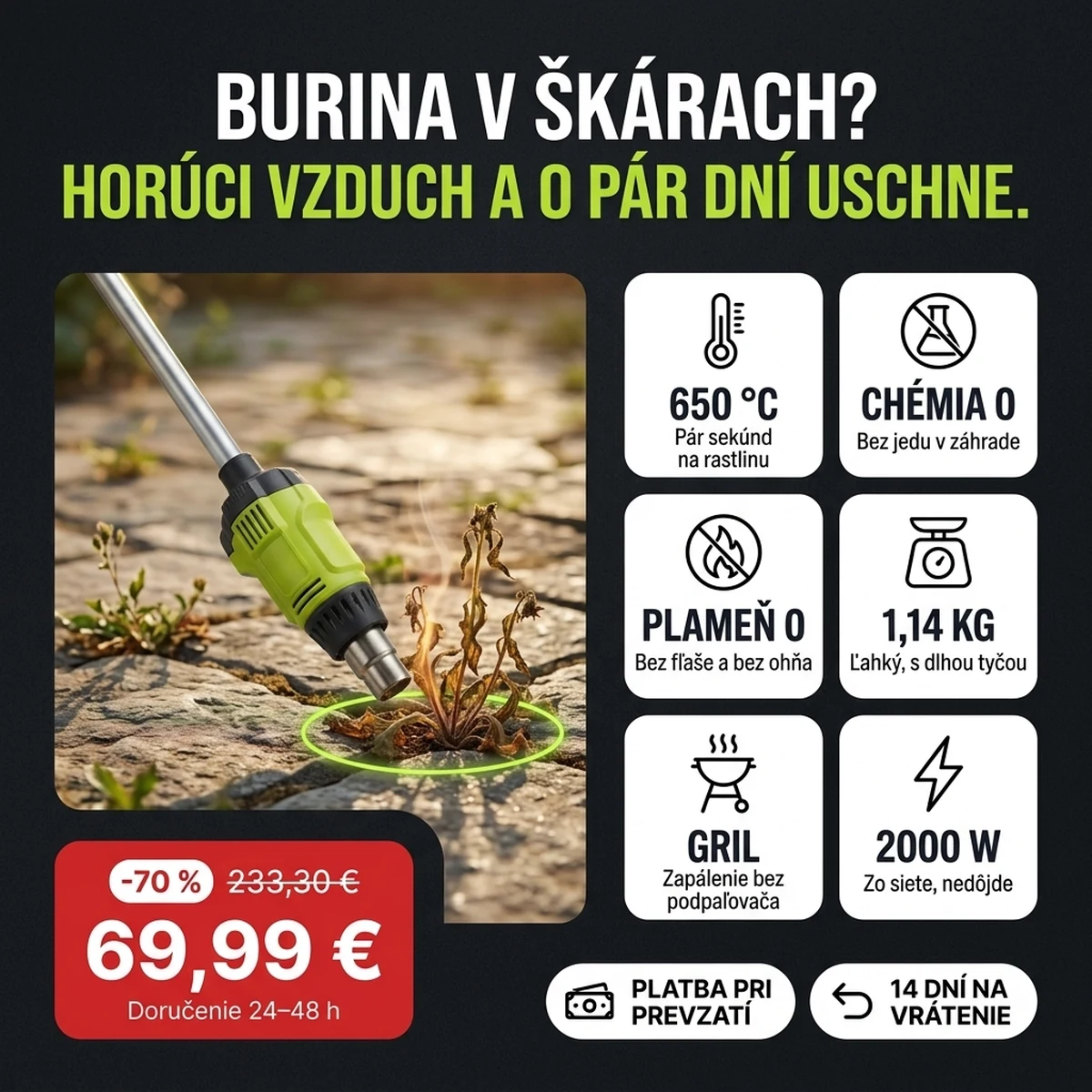 Elektrický vypaľovač buriny so zeleným telom a dlhou tyčou, na kartách hlavných vlastností