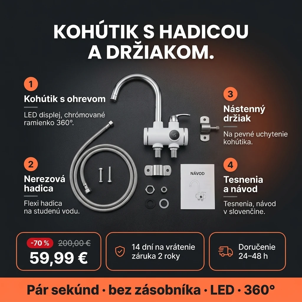 Kohútik s ohrevom vody – ponuka: kohútik s prietokovým ohrevom, LED displejom, hadicou a držiakom, 59,99 € namiesto 200,00 €, platba pri prevzatí