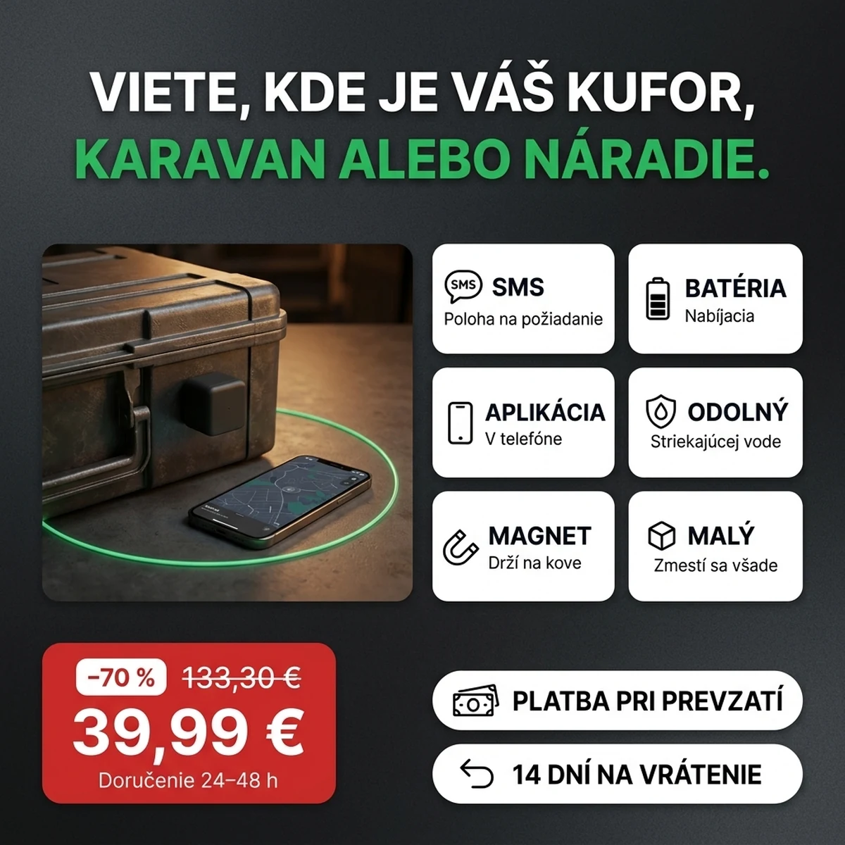Čierny mini magnetický lokátor a telefón s mapou, na kartách hlavných vlastností