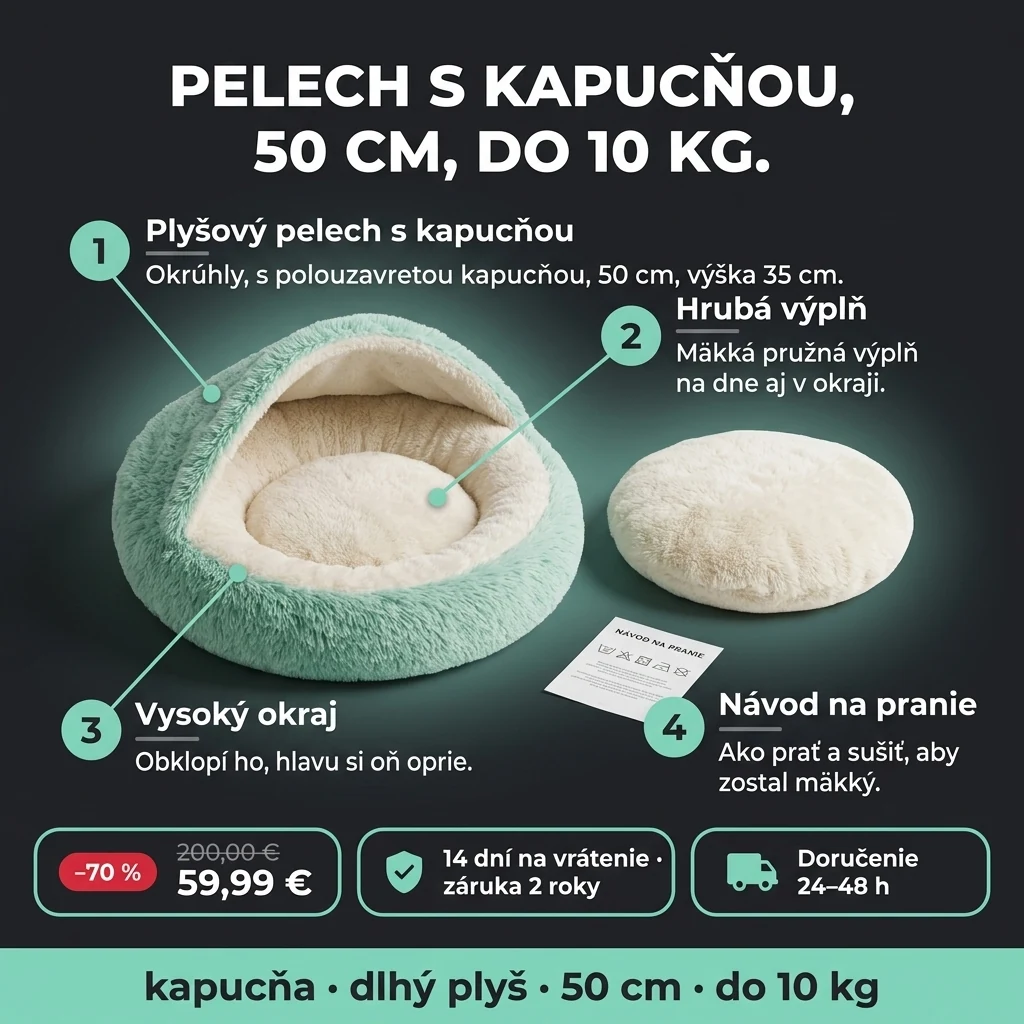 Plyšový pelech s kapucňou – ponuka: okrúhly plyšový pelech s kapucňou, 50 cm, 59,99 € namiesto 200,00 €, platba pri prevzatí
