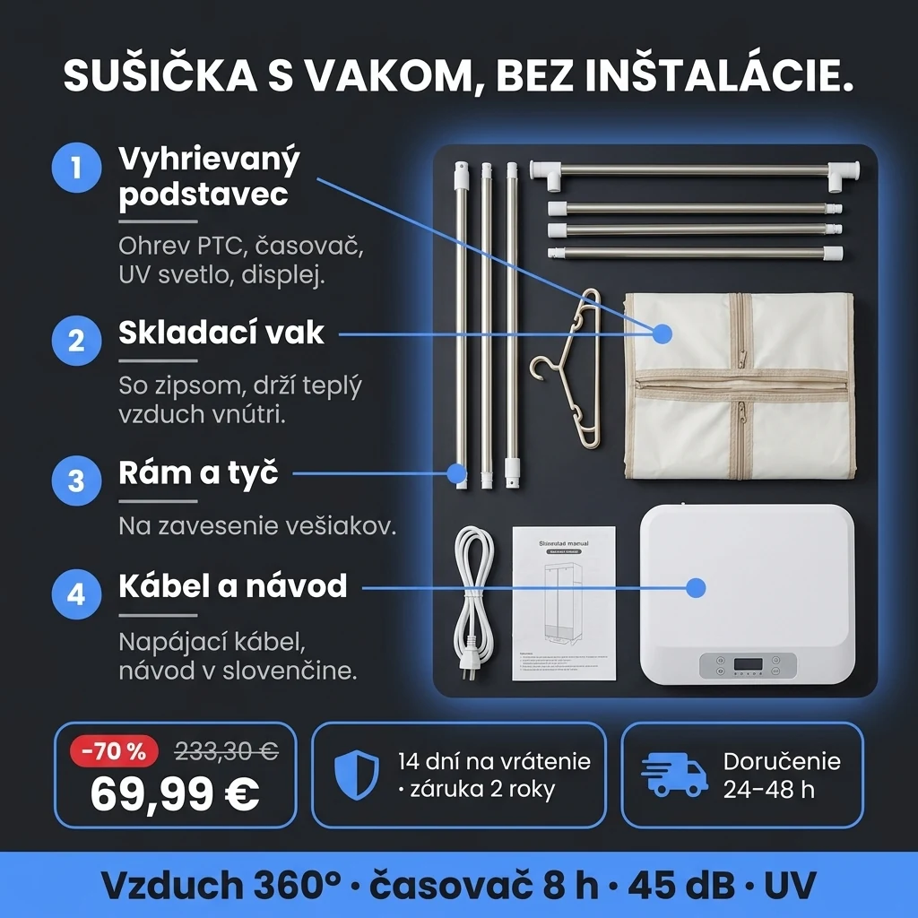 Prenosná sušička bielizne – ponuka: prenosná sušička bielizne s vakom a rámom, 69,99 € namiesto 233,30 €, platba pri prevzatí