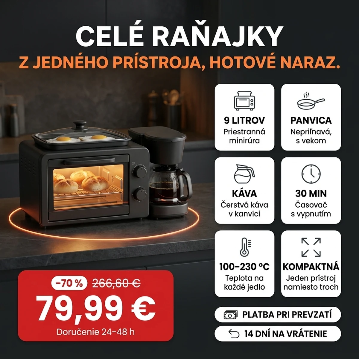 Raňajková stanica 3 v 1 s rúrou, panvicou a kávovarom, na kartách hlavných vlastností