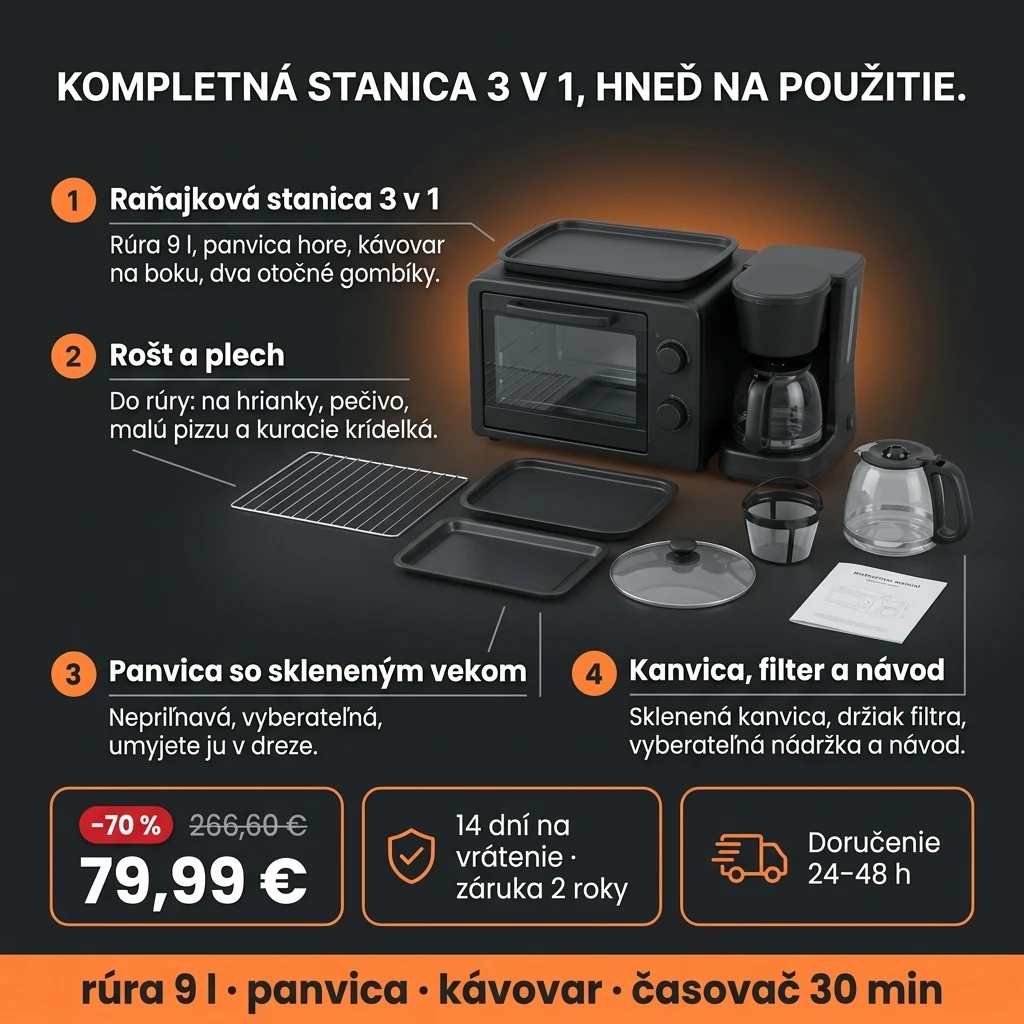 Raňajková stanica 3 v 1 – ponuka: raňajková stanica s rúrou 9 l, panvicou a kávovarom, 79,99 € namiesto 266,60 €, platba pri prevzatí