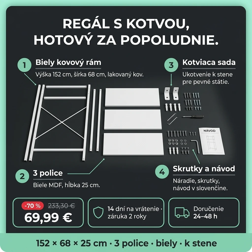 Regál nad práčku – ponuka: biely regál nad práčku s 3 policami a kotvou k stene, 69,99 € namiesto 233,30 €, platba pri prevzatí