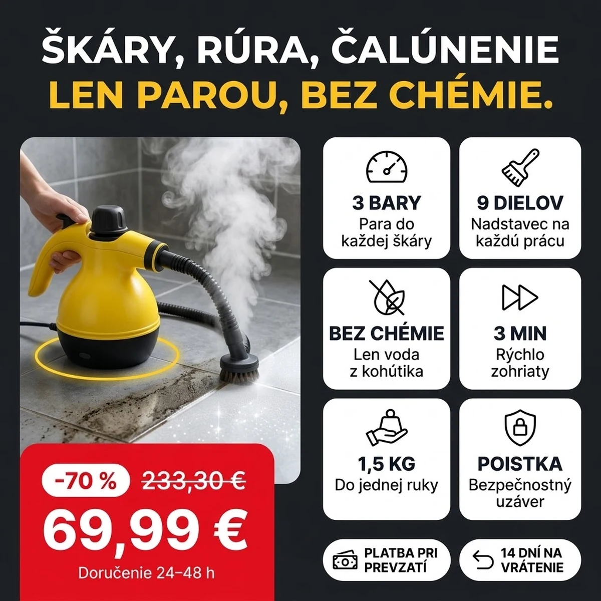 Ručný parný čistič PRO s nadstavcami, hlavné vlastnosti na kartách