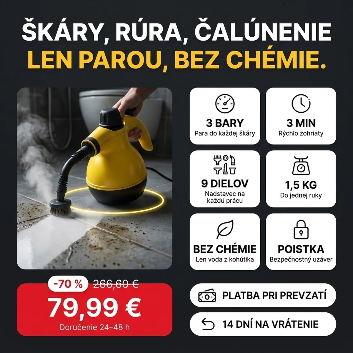Ručný parný čistič PRO s nadstavcami, hlavné vlastnosti na kartách
