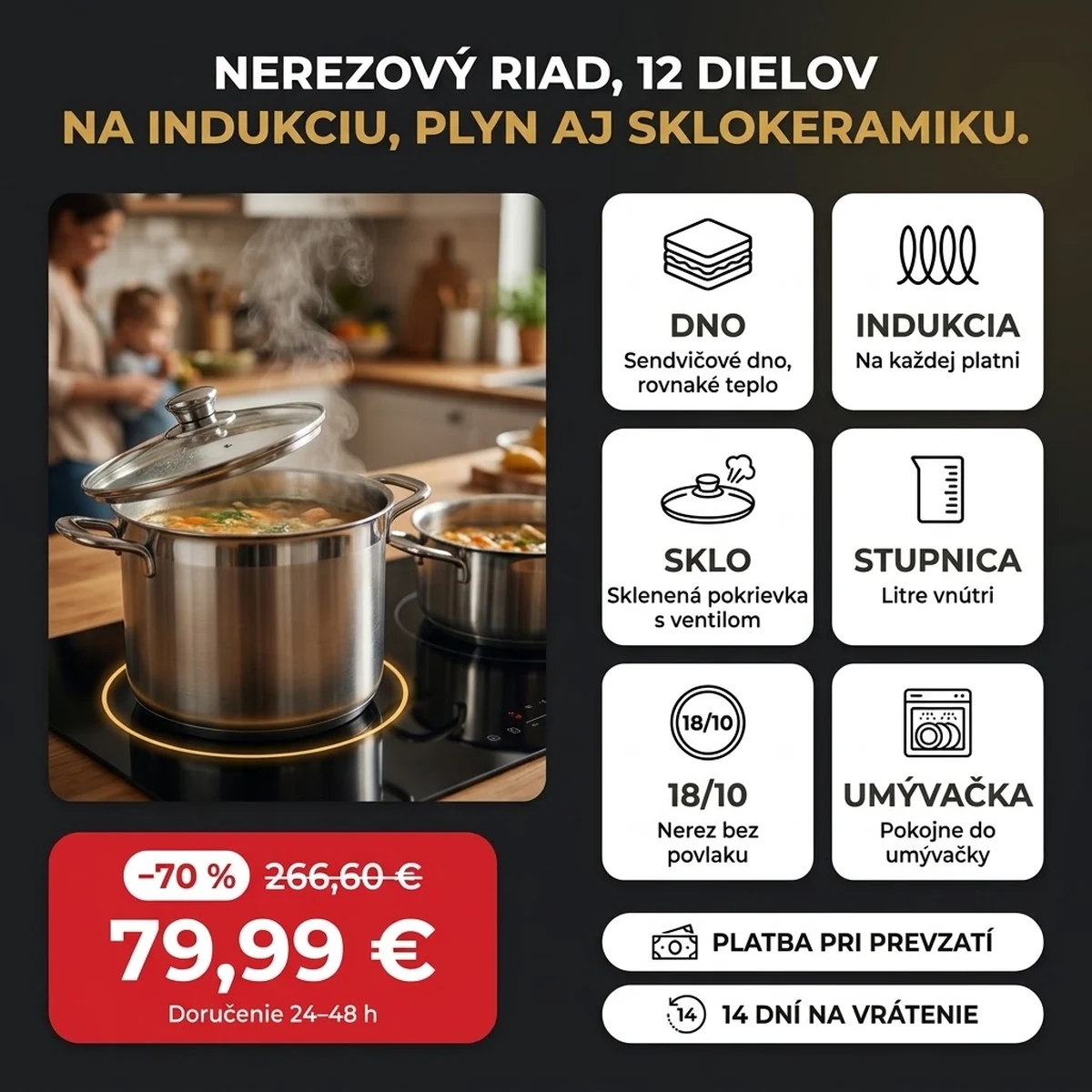 Sada nerezového riadu 12 dielov so sklenenými pokrievkami, na kartách hlavných vlastností