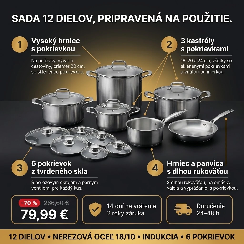 Nerezový riad 12 dielov – ponuka: vysoký hrniec, tri kastróly, rajnica, panvica a šesť sklenených pokrievok, 79,99 € namiesto 266,60 €, platba pri prevzatí