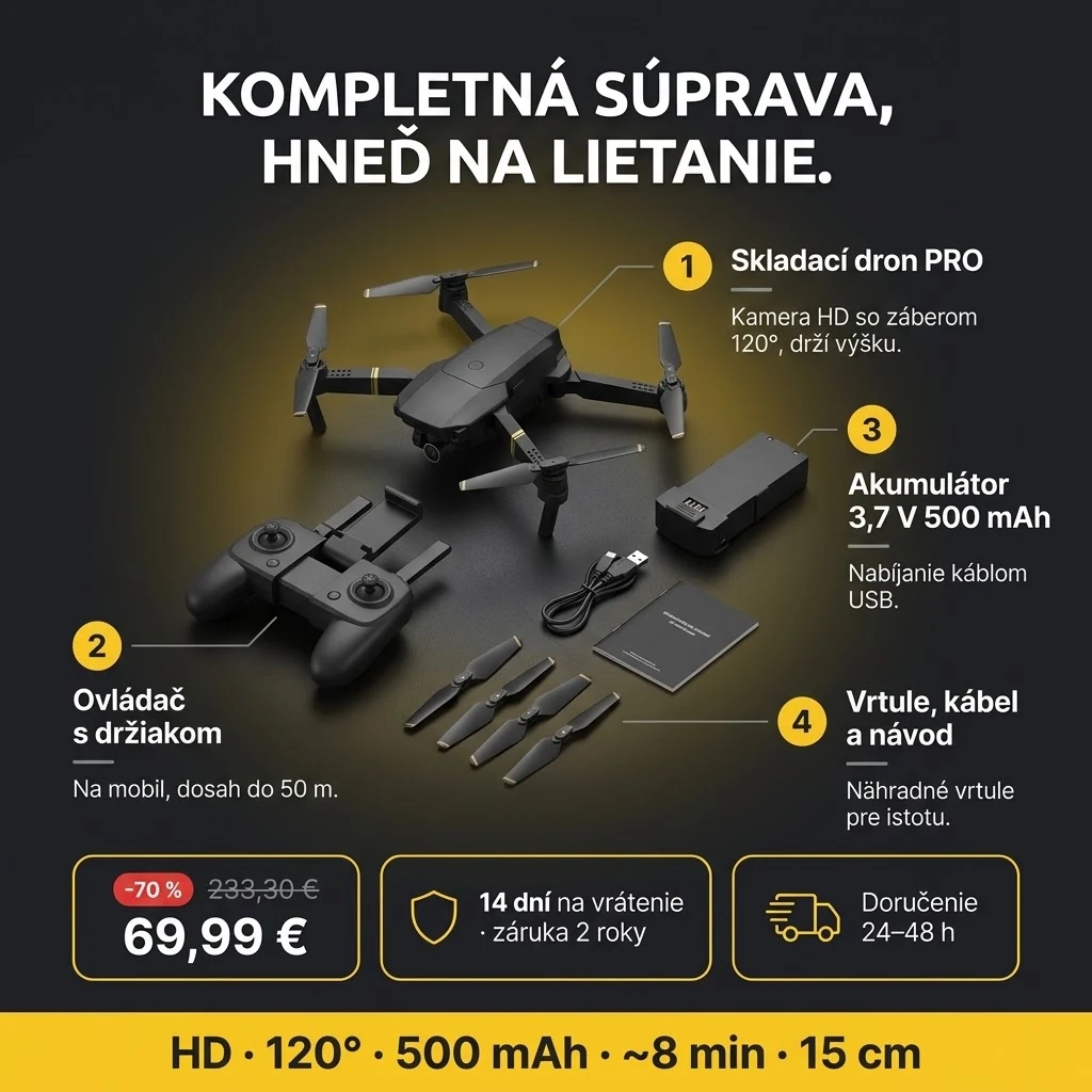 Ponuka Skladacieho dronu PRO: dron, ovládač, akumulátor a príslušenstvo, platba pri prevzatí