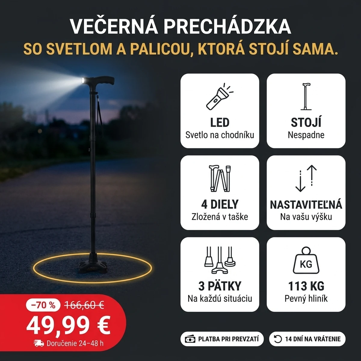 Skladacia vychádzková palica so svietiacou LED, na kartách hlavných vlastností