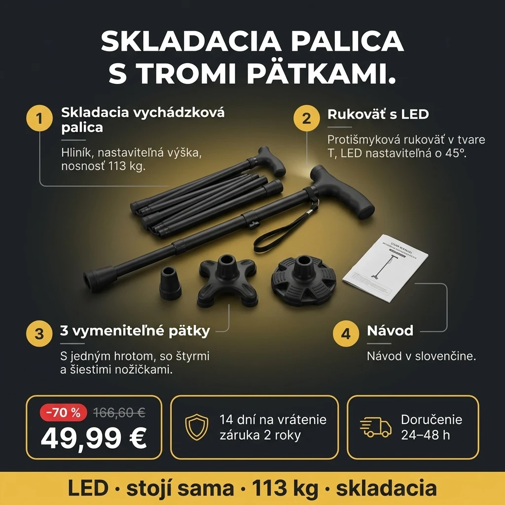 Skladacia palica s LED – ponuka: skladacia vychádzková palica s LED rukoväťou a 3 pätkami, 49,99 € namiesto 166,60 €, platba pri prevzatí