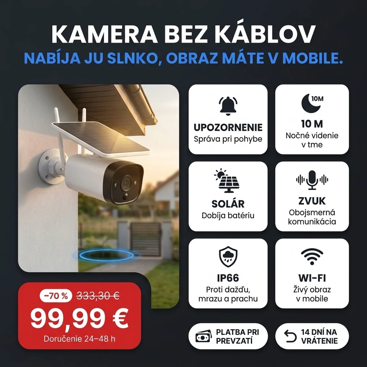 Solárna kamera PRO na držiaku na stenu, nad ňou solárny panel, na kartách hlavných vlastností