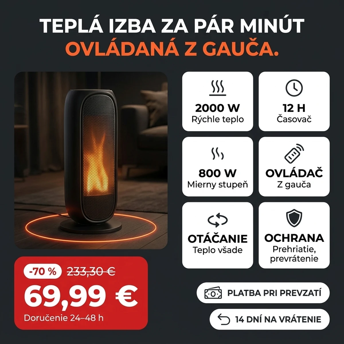 Čierny stĺpový keramický ohrievač s efektom plameňa, na kartách hlavných vlastností