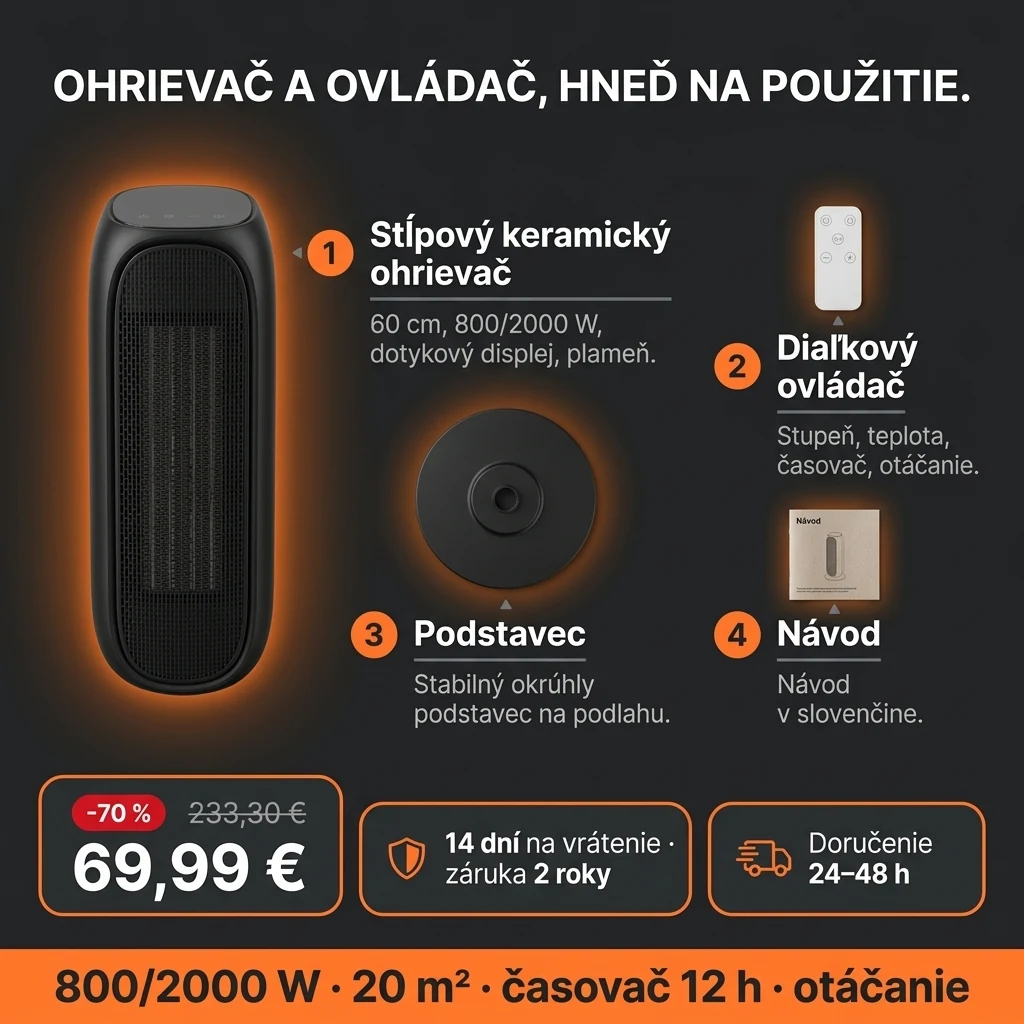 Stĺpový keramický ohrievač – ponuka: stĺpový keramický ohrievač s diaľkovým ovládačom, 69,99 € namiesto 233,30 €, platba pri prevzatí