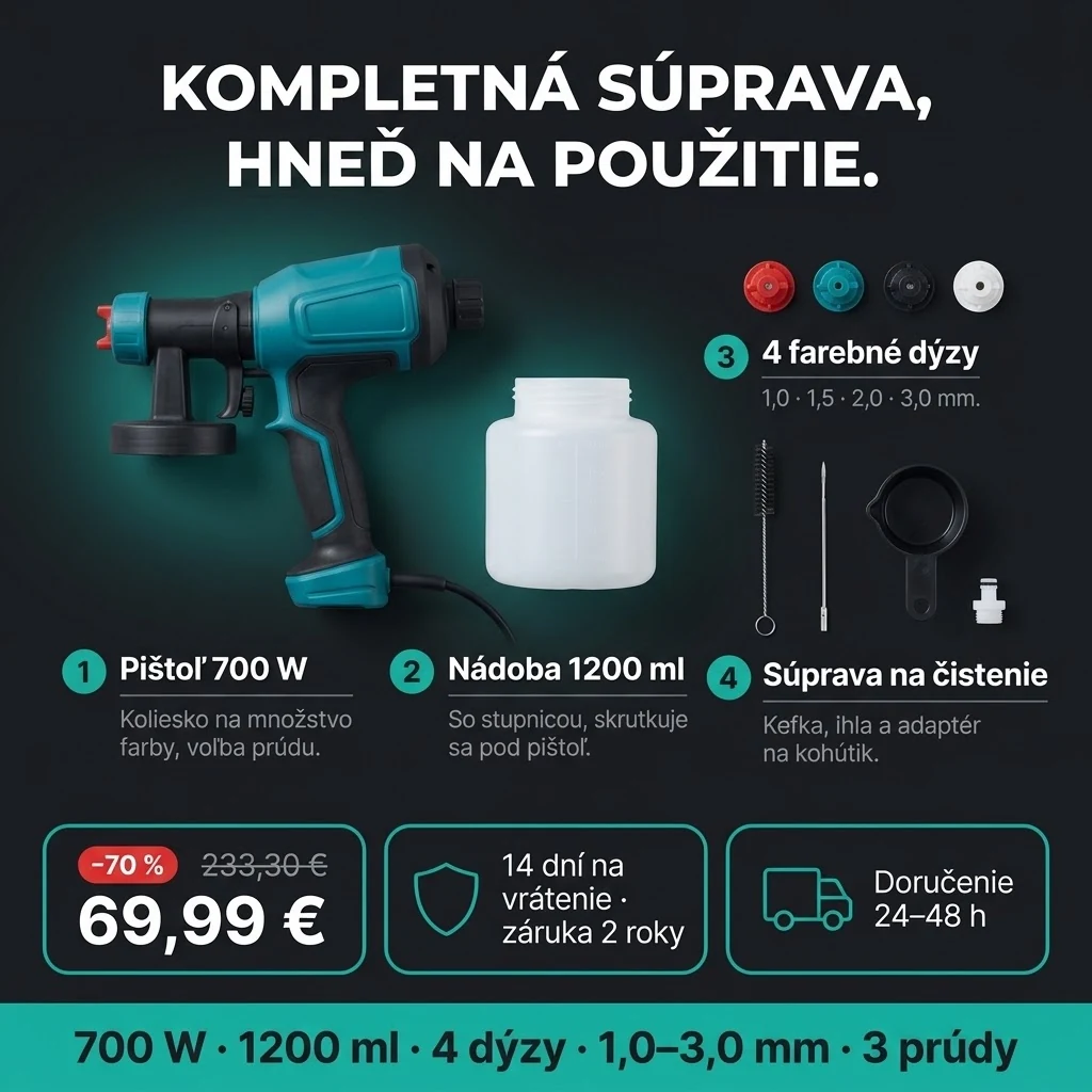 Ponuka Striekacej pištole PRO: pištoľ, nádoba 1200 ml, 4 dýzy a súprava na čistenie, platba pri prevzatí