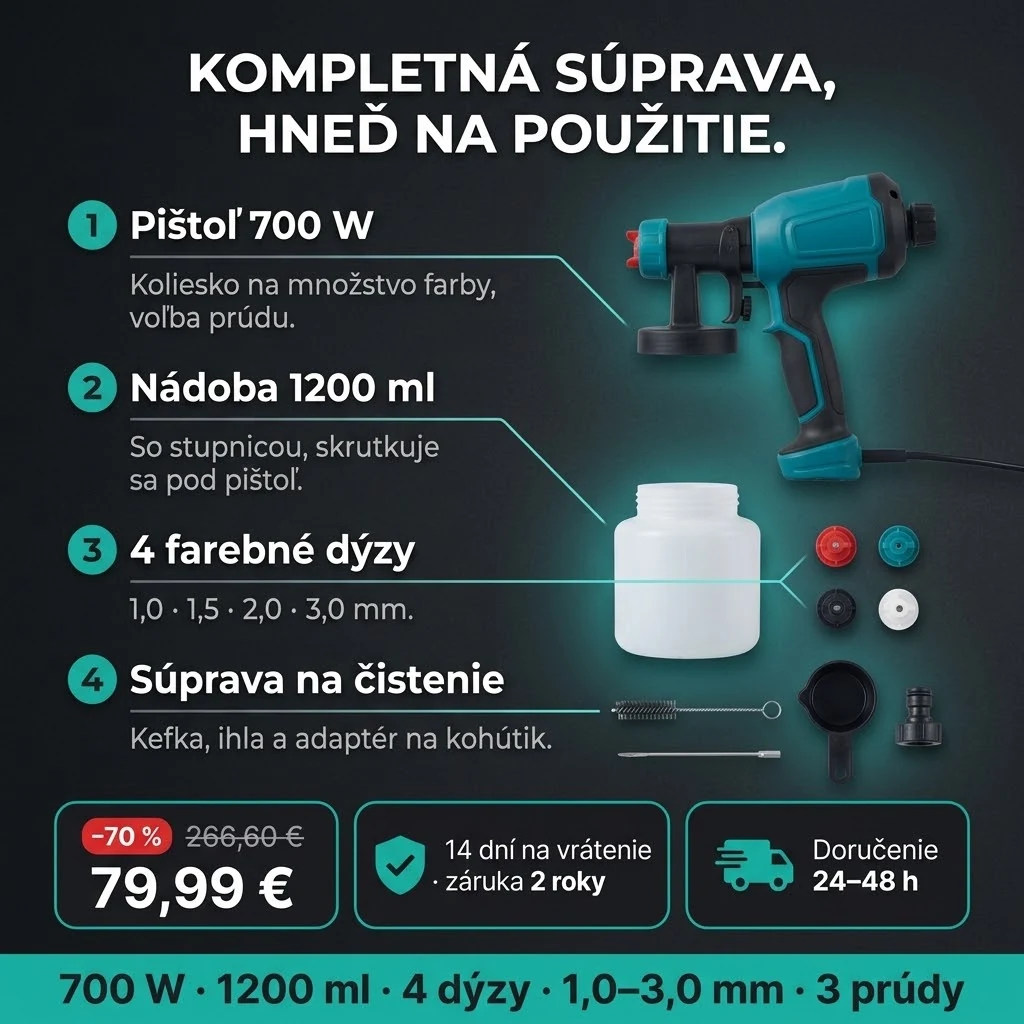 Ponuka Striekacej pištole PRO: pištoľ, nádoba 1200 ml, 4 dýzy a súprava na čistenie, platba pri prevzatí