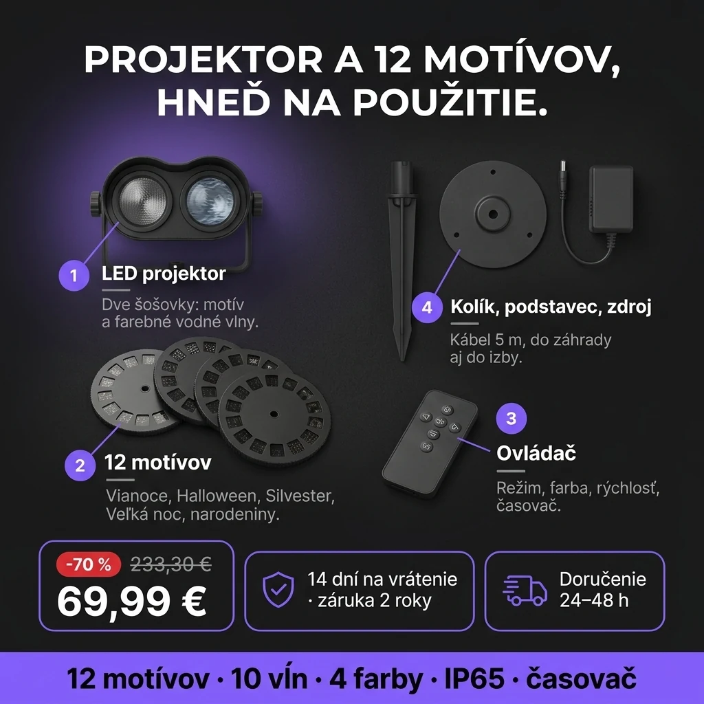 Sviatočný LED projektor – ponuka: sviatočný LED projektor s 12 motívmi a ovládačom, 69,99 € namiesto 233,30 €, platba pri prevzatí