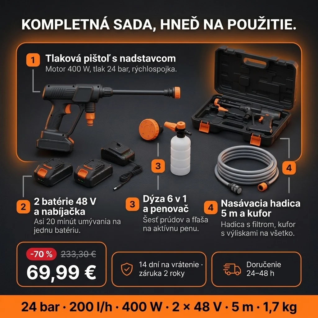 Ponuka Tlakového čističa PRO: pištoľ, dve batérie, dýza, penovač, hadica a kufor, platba pri prevzatí